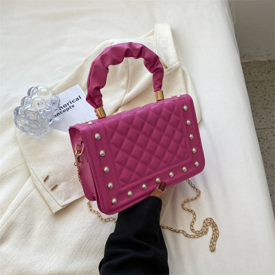 Popular Women's Bags 2022 Summer Western Style Textured Rivet Solid Color Chain Portable Small Square Bag Western Style Shoulder Messenger Bag