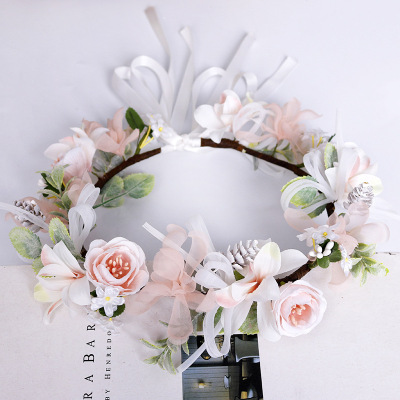 Fresh Garland Korean Flower Artificial Flower Headband Pink Wedding Bridesmaid Flower Girl Modeling Headdress Performance Headband