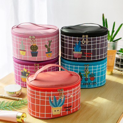 Pu Cylinder Waterproof Cosmetic Bag Cactus Cartoon Portable Toiletry Bag Ins Wind Dustproof Storage Bag in Stock Wholesale