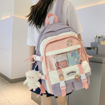 2022 Stickers Contrast Color Cute Large Capacity Schoolbag Junior and Senior High School Student Backpack Combination Bag Female PVC Nylon