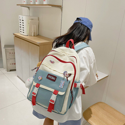 2022 New Summer Schoolbag Female Junior and Middle School Students Japanese Style Simple Contrast Color Trend Man Pair Backpack Large Capacity Nylon