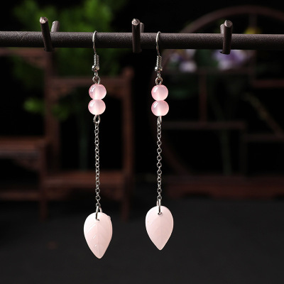 Antique Earrings Light Pink Simple Fashion Ear Hook Long Tassel Pendant Leaf Earrings Fresh Classical Ear Rings