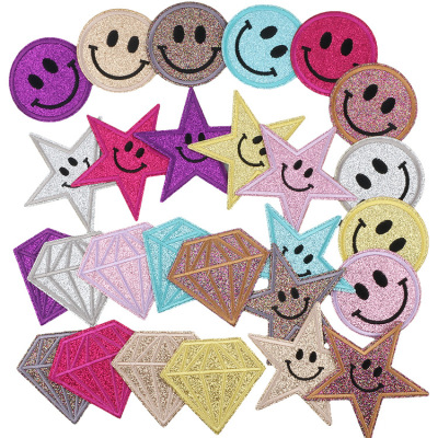 Products in Stock New Glitter Smiling Face Embroidery Cloth Sticker Cartoon Diamond Hat Patch Five-Pointed Star Smiley Face Decorative Cloth Stickers Cloth Sticker