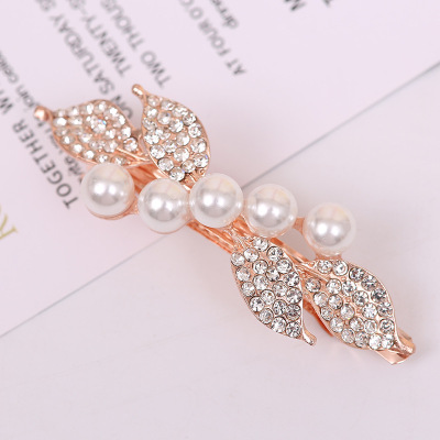 Korean Style Elegant Pearl Large Spring Clip Adult Accessory Head Clip Fashion Shiny Rhinestone Bow Hairpin