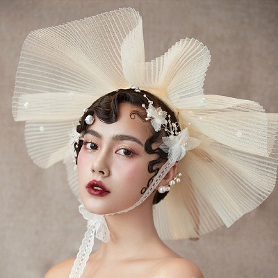 New Bridal Headdress Bridal Studio Crepe Elastic Net Top Hat Hat Mori Style Stage Performance Wide Brim Gauze Cap