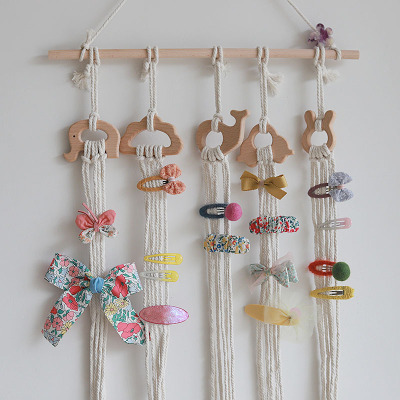 Ins Woven Cotton Rope Tapestry Children's Room Decoration Wall Hanging Hair Accessories Storage Solid Wood Cartoon Animal Hairpin Storage Rack