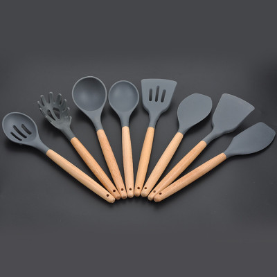 Silicone Wooden Handle Kitchenware 8-Piece Ladel Tool Set Shovel Soup Strainer Spoon Cooking Kitchenware
