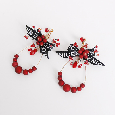 2020 New Printing Bow Red Crystal Pearl Drop-Shaped Ear Clip