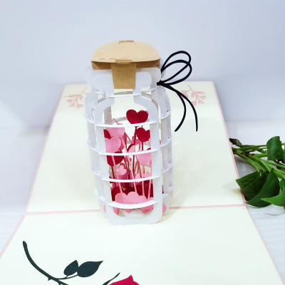 Stereoscopic Greeting Cards Pink Romantic Drift Bottle Couple Send Girlfriend Handmade Blessing Card Wedding Valentine's Day Greeting Card