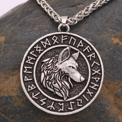 Foreign Trade Popular Style Viking Wolf Head Rune Necklace Metal Men's Pendant Accessories European and American Popular Ornament Factory Direct Supply