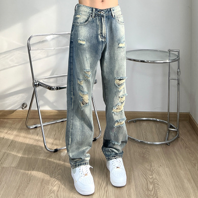 Autumn and Winter American Street Retro Tattered Jeans Jeans Men's Washed Distressed Hip Hop Loose Straight Pants Ins Fashion Brand