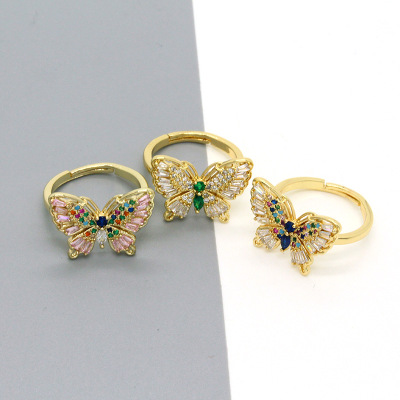 Korean Ins Retro Exquisite Colorful Crystal Butterfly Ring Simple Colorful Crystals Animal Open Ring Cross-Border Sold Jewelry