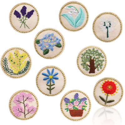Products in Stock New round Gold Silk Embroidery Rose Flower Basket Patch Cotton Linen Embroidery Patch Flowers Embroidered Cloth Stickers in Stock