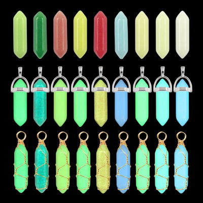 Bright Color Luminous Stone Hexagon Prism Pendant European and American Jewelry Luminous Fluorite Double Pointed Column Bullet Necklace Wholesale