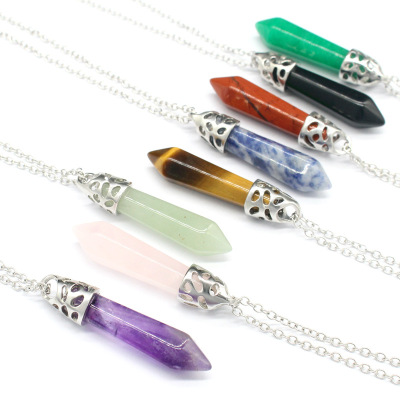 European and American Jewelry Wholesale Natural Stone Crystal Agate Necklace Amethyst Hexagon Prism Pendant Single Pointed Crystal Column Necklace