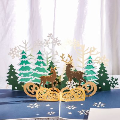 Factory Direct Sales 3D Stereoscopic Greeting Cards Handmade Paper Carving Christmas Elk Three-Dimensional Creativity Paper Carving Hollow Greeting Card