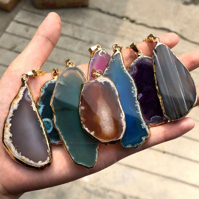 Gilded Agate Wind Chimes Landscape Pendant Color Natural Agate Rough Stone Slice Necklace Sweater Chain