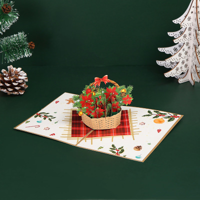 New Christmas 3D Stereoscopic Greeting Cards Handmade Christmas Gift Paper Carving Christmas Flower Basket Thanksgiving Greeting Card Holiday Universal