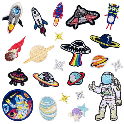 Spot Astronaut Embroidered Cloth Stickers Cartoon Computer Embroidered Zhang Zai Spaceship Patch Ironing Alien Emboridery Label