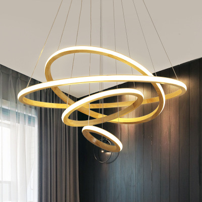 Modern LED Ring Pendant Lamp Rubber Wood Frame Ceiling Light Fixture For Dining Room Coffee Bar