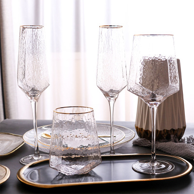 Creative Hammer Pattern Golden Trim Glass Nordic Vintage Crystal Goblet Phnom Penh Champagne Glass Wholesale