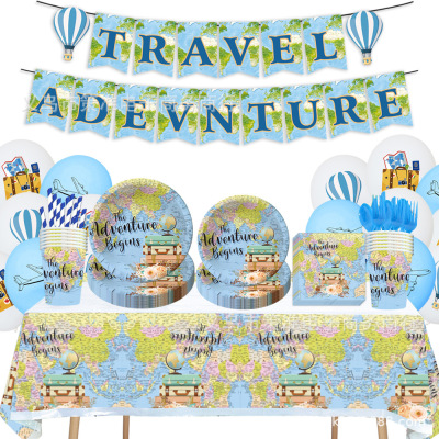 Travel Adventurer Retirement Travel Birthday Party Tableware Paper Pallet Tissue Tablecloth Background Cloth Decoration Supplies Set