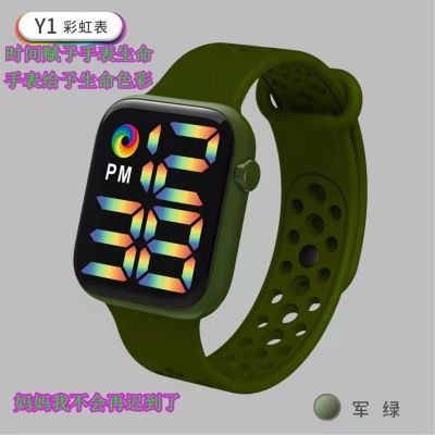 Y1 Cross-Border New Arrival Student LED Electronic Small Square Watch Outdoor Luminous Sports Swimming Waterproof Rainbow Fashion Watch