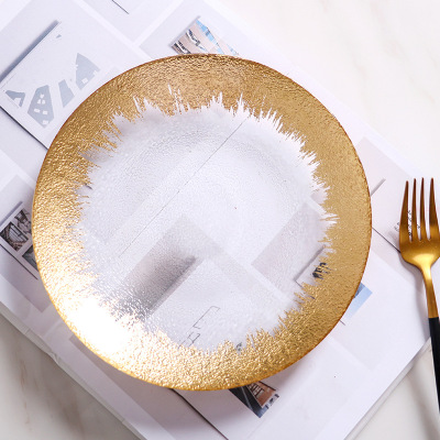 Golden Glass Plate Nordic Creative Golden Trim Fruit Plate Pastry Plate Steak Western Plate Tray Factory Direct Supply