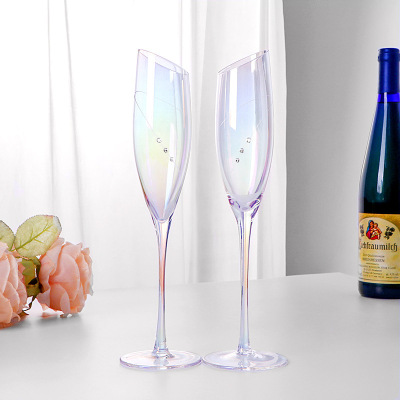 European-Style Oblique High-Legged Colorful Wine Glass Champagne Glass Colorful Diamond-Embedded Wine Glass Couple Goblet Gift Box