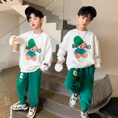 8 Boys Spring Suit 2022 New Korean Style 9 Medium and Big Children Trending Men and Women Spring and Autumn Bear Hoodie Two-Piece Set Fashion