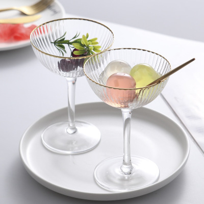 Golden Edge Stripe Ice Cream Cup Creative Goblet Crystal Glass Cup TikTok Same Style Milk Shake Cup