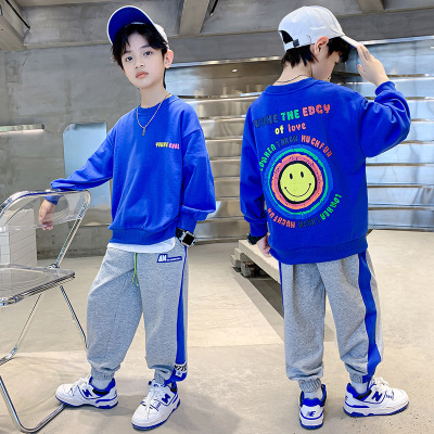 Children's Clothing 6 Boys Autumn Clothing Suit 2022 New 7 Medium and Large Children's Spring and Autumn Smiley Face Three-Color Printing 8 Children's Fashion Clothes 9