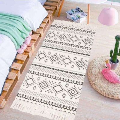 Shida Nordic Style Ins Cotton and Linen Tassel Woven Floor Mat Bedroom Bedside Foot Mat Simple Modern Carpet Machine Washable