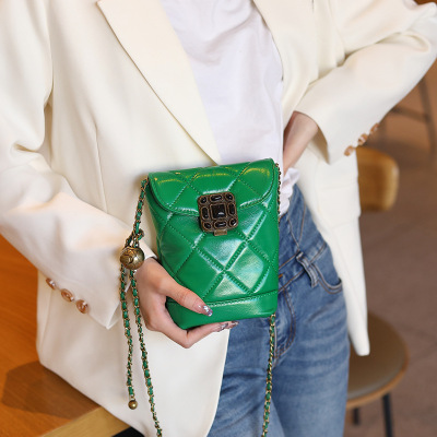 Fashion Genuine Leather Chain Mobile Phone Bag Classic Style 2022 New Diamond Gem Small Golden Balls Shoulder Small Cowhide Women's Bag