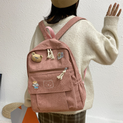 Schoolbag Women's Korean-Style Harajuku Backpack High School and College Student Corduroy Backpack Corduroy Backpack Cute Backpack