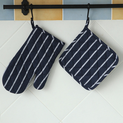 Dark Blue Striped Microwave Oven Gloves Placemat Heat Insulation Gloves Placemat Kit
