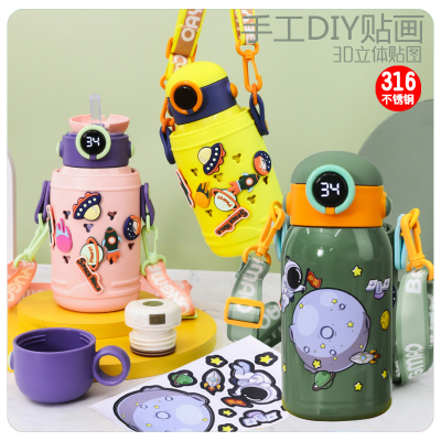[Lingpan Vacuum Cup Preferred] Mesh Cup DIY Cartoon Stickers Cartoon Temperature-Showing Stainless Steel Cup with Straw