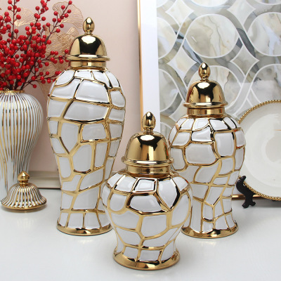 Ceramic Light Luxury Electroplating Temple Jar European Flower Vase Crafts Decoration Hallway Soft Outfit Decorative Storage Jar