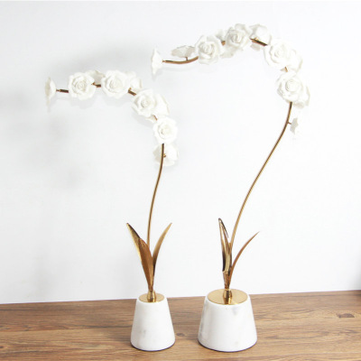 Nordic Ceramic Crafts Artificial Metal Fake Flower Decoration Hotel Home Hallway Model Room Marble Vase Holder