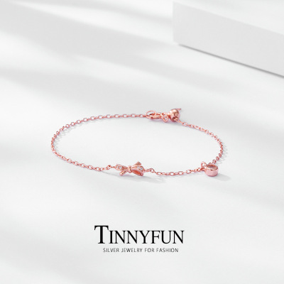 INS Minority Simple Design S925 Sterling Silver Bow Bracelet Girls Partysu Rose Gold Fashion Hand Jewelry