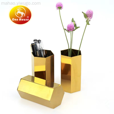 Gold Hexagonal Pen Holder Hexagonal Pen Holder Hexagonal Vase Stainless Steel Metallic Desktop Ornaments