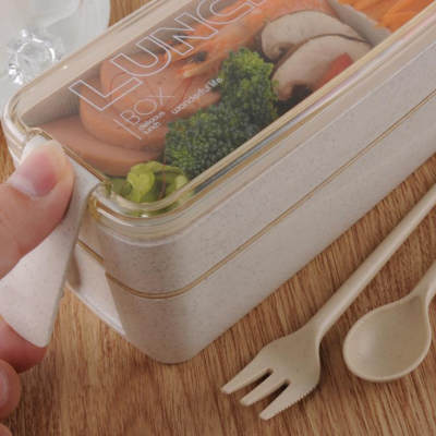 Rectangular Double-Layer Silicone Wheat Straw Fiber Plastic Bento Box