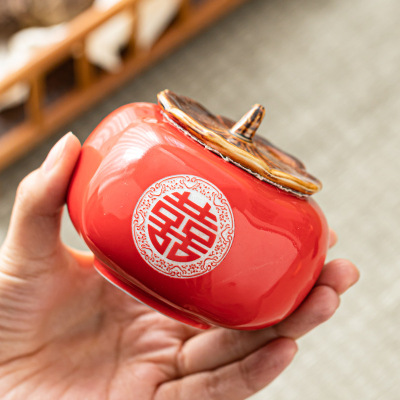 Tea Jar Ceramic Sealed Jar for Everything Wedding Candy Tea Box Ruyi Hand Gift Wedding Candy Jar Persimmon Gift