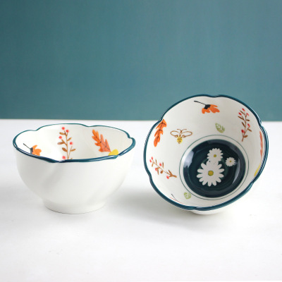 4.75-Inch Flowers Daisy Ceramic Rice Bowl Homemade Underglaze Tableware Lace Breakfast Bowl Dessert Bowl Soup Bowl