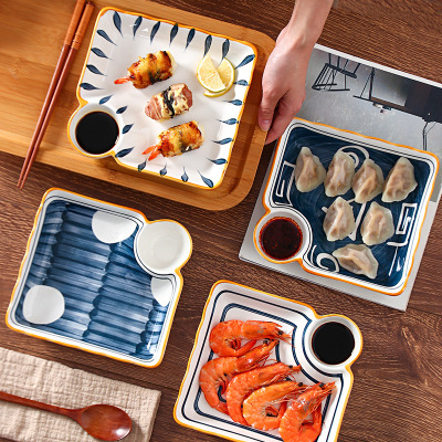 with Vinegar Dish Integrated Ceramic Dumpling Plate Sushi Plate Dumpling Plate Dipping Plate Divided Plate Disc