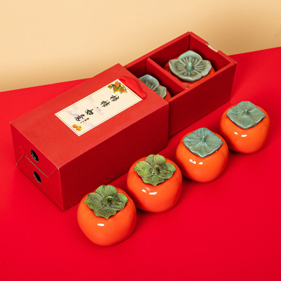 Persimmon Candy Jar Ceramic Small Size Portable Travel Sealed Jar Tea Box Tea Container Tea Package Box Gift