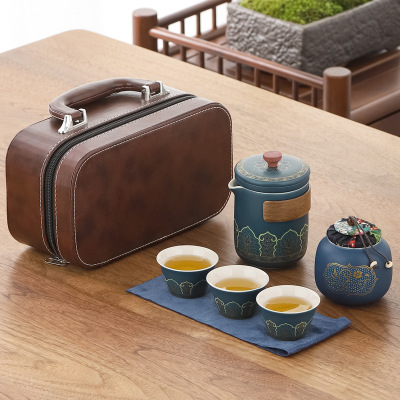 Set Logo Small Batch Can Make Leather Box Portable Tea Set Portable Activity Gift Mid-Autumn Festival Present for Client