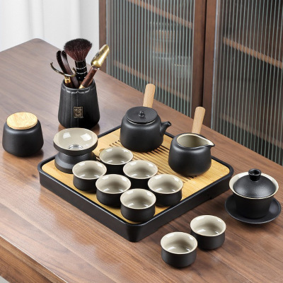 Black Porcelain Japanese Tea Set Home Living Room Simple Kung Fu Tea Set Office Tea Tray Factory Direct Sales