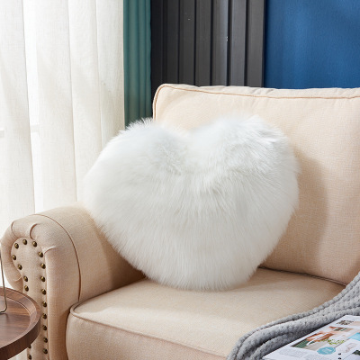 White Heart-Shaped Solid Color Wool Pillow Gift Pillow Heart-Shaped Sofa Waist Pad Office Seat Plush Back Cushion