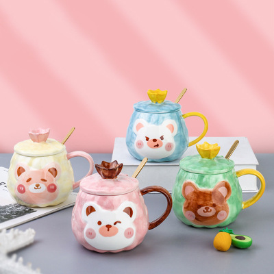 Creative Cartoon Cup Bear Hand-Painted Ceramic Mug With Lid Couple Home Office Coffee Milk Cup Customization